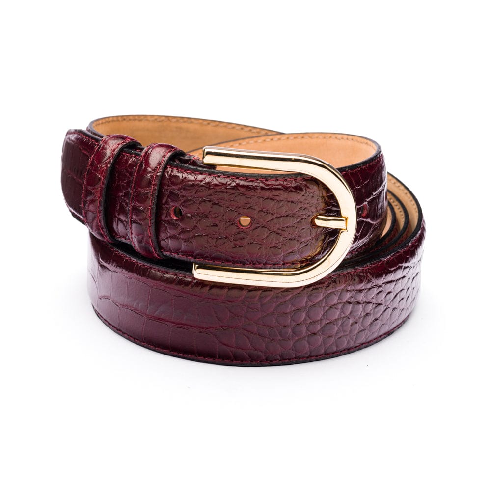 Mens extra long leather belt, burgundy croc, gold rounded buckle