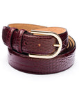 Mens extra long leather belt, burgundy croc, gold rounded buckle