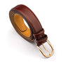 Mens extra long leather belt, dark tan, gold buckle