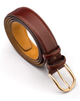 Mens extra long leather belt, dark tan, gold buckle