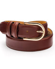 Mens extra long leather belt, dark tan, gold rounded buckle