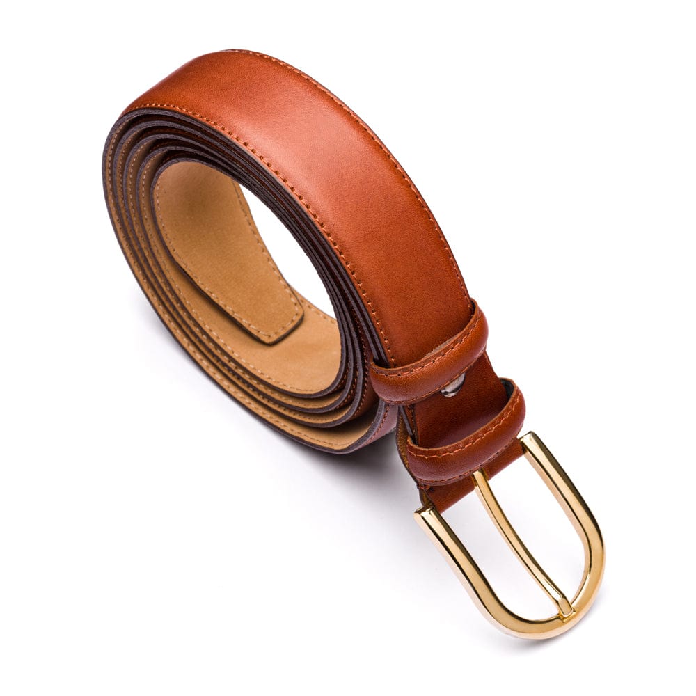 Mens extra long leather belt, tan, gold buckle