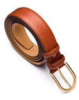 Mens extra long leather belt, tan, gold buckle