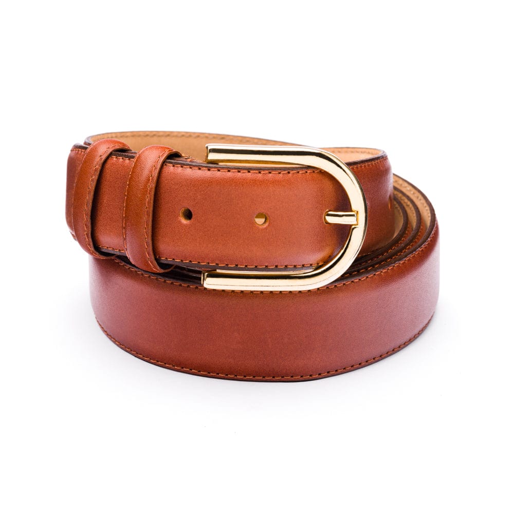 Mens extra long leather belt, tan, gold buckle