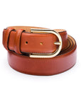 Mens extra long leather belt, tan, gold buckle