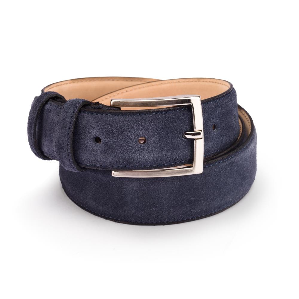 Leather belt with silver buckle, navy suede, buckle