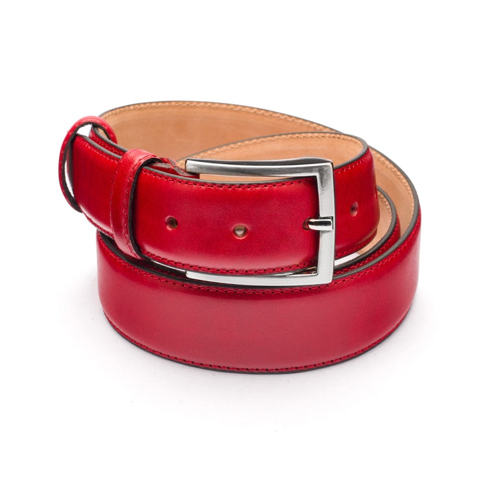Leather belt with silver buckle, red, front