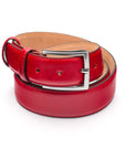 Leather belt with silver buckle, red, front