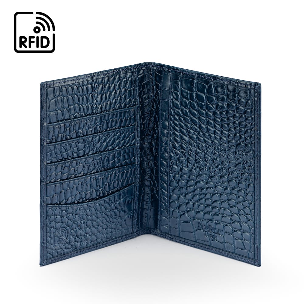 RFID Leather Passport Holder, Midnight Navy Croc Effect, inside