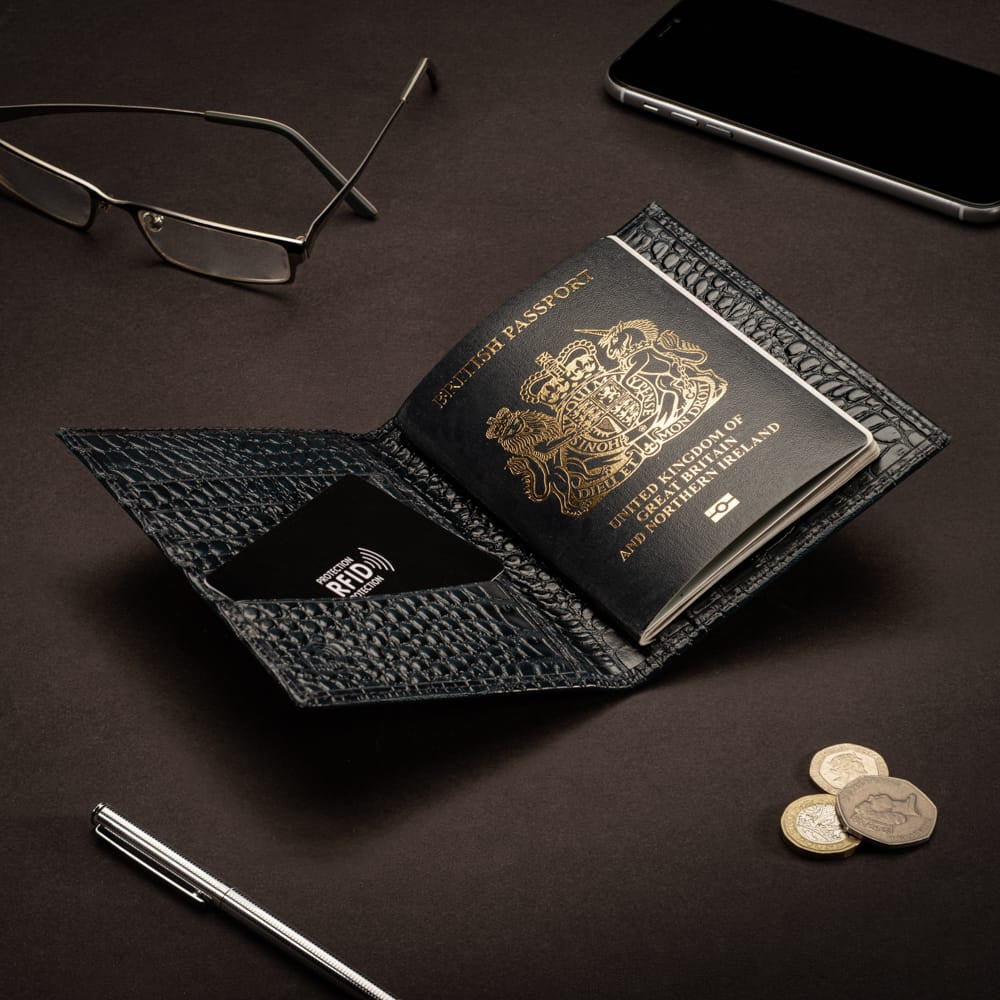 RFID Leather Passport Holder, Midnight Navy Croc Effect, lifestyle