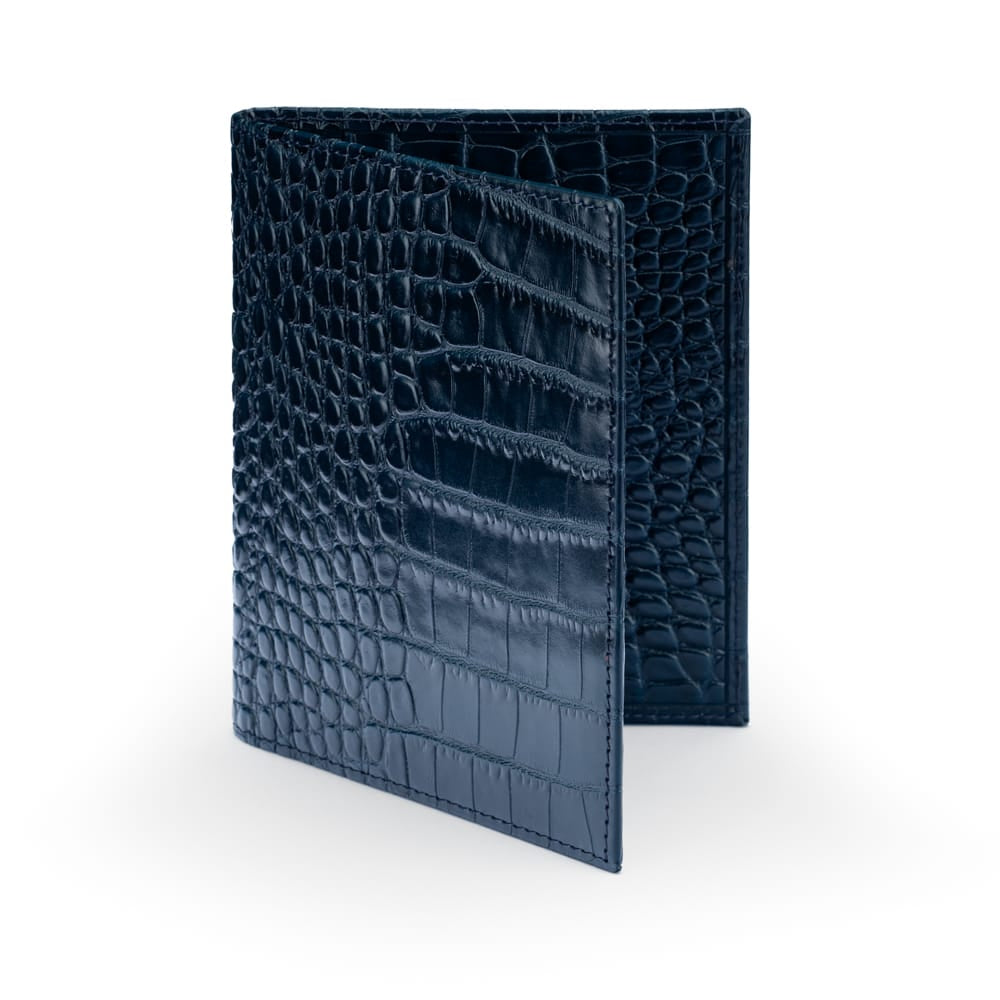 RFID Leather Passport Holder, Midnight Navy Croc Effect, front