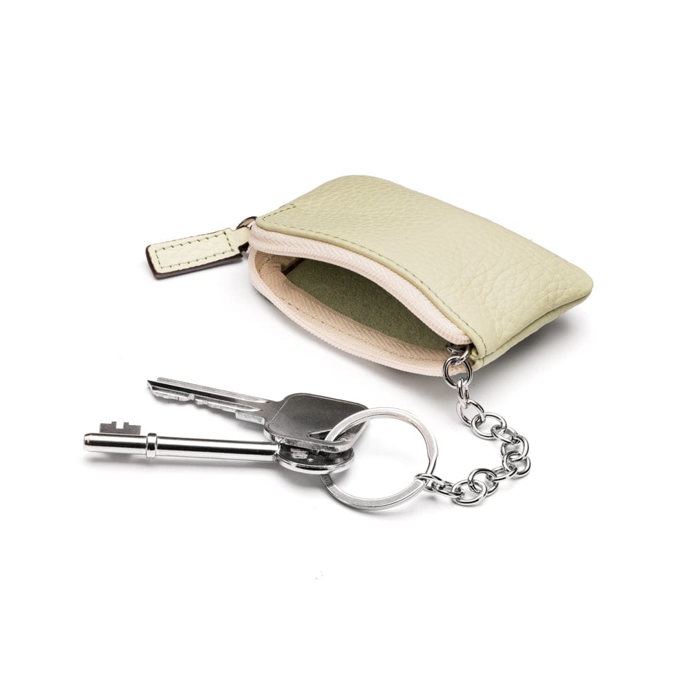 Miniature leather coin purse with key chain, mint green, inside