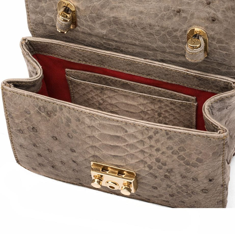 Small real python top handle bag, natural tan, inside