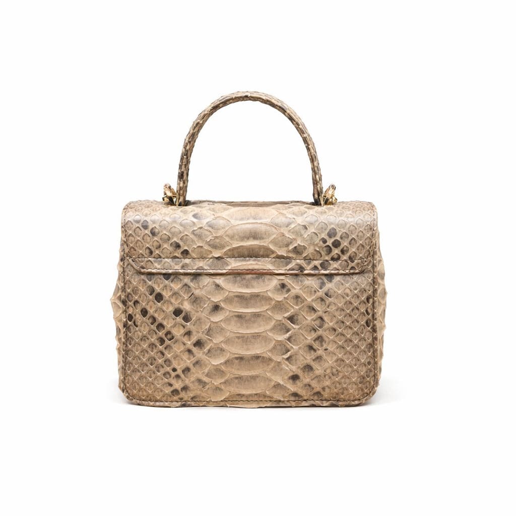 Small real python top handle bag, natural tan, back