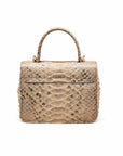Small real python top handle bag, natural tan, back