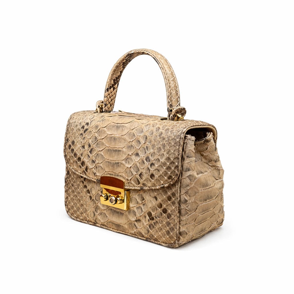 Small real python top handle bag, natural tan, side