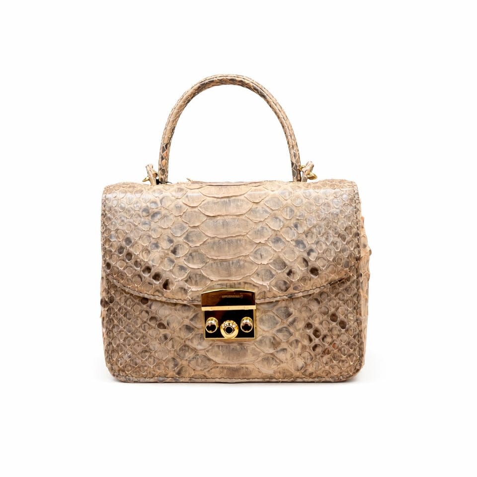 Small real python top handle bag, natural tan, front