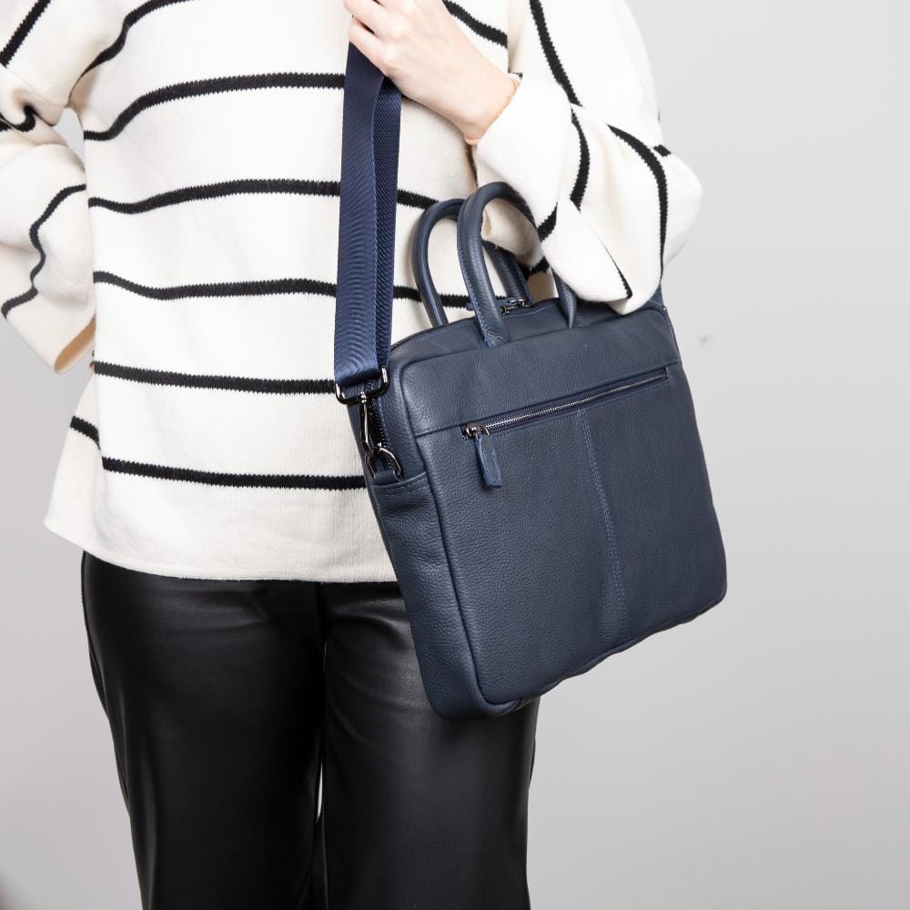 15&quot; leather laptop bag, navy, lifestyle