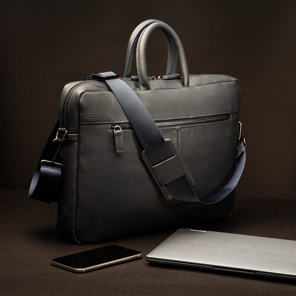 15" slim leather laptop bag, navy, lifestyle