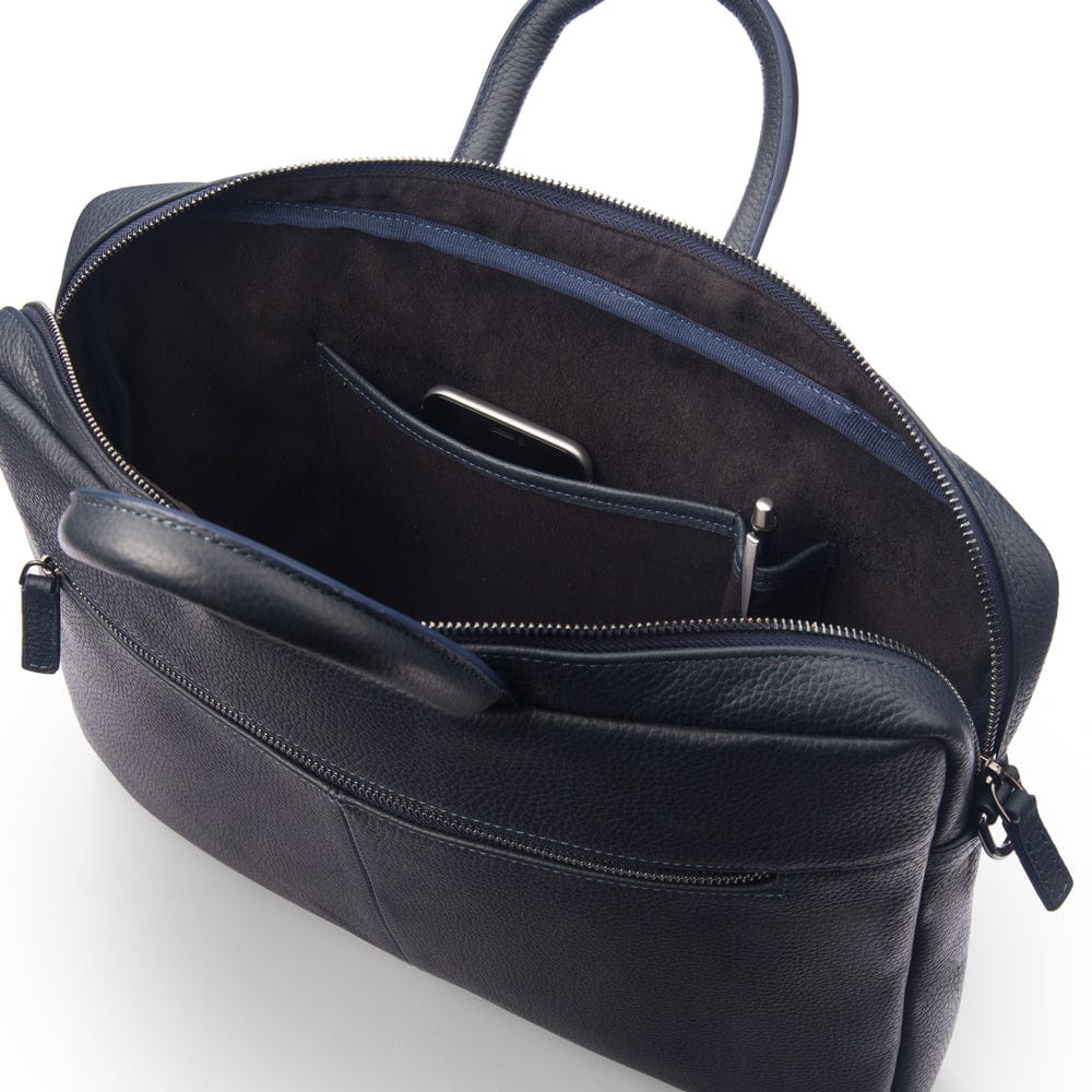 15" slim leather laptop bag, navy, inside