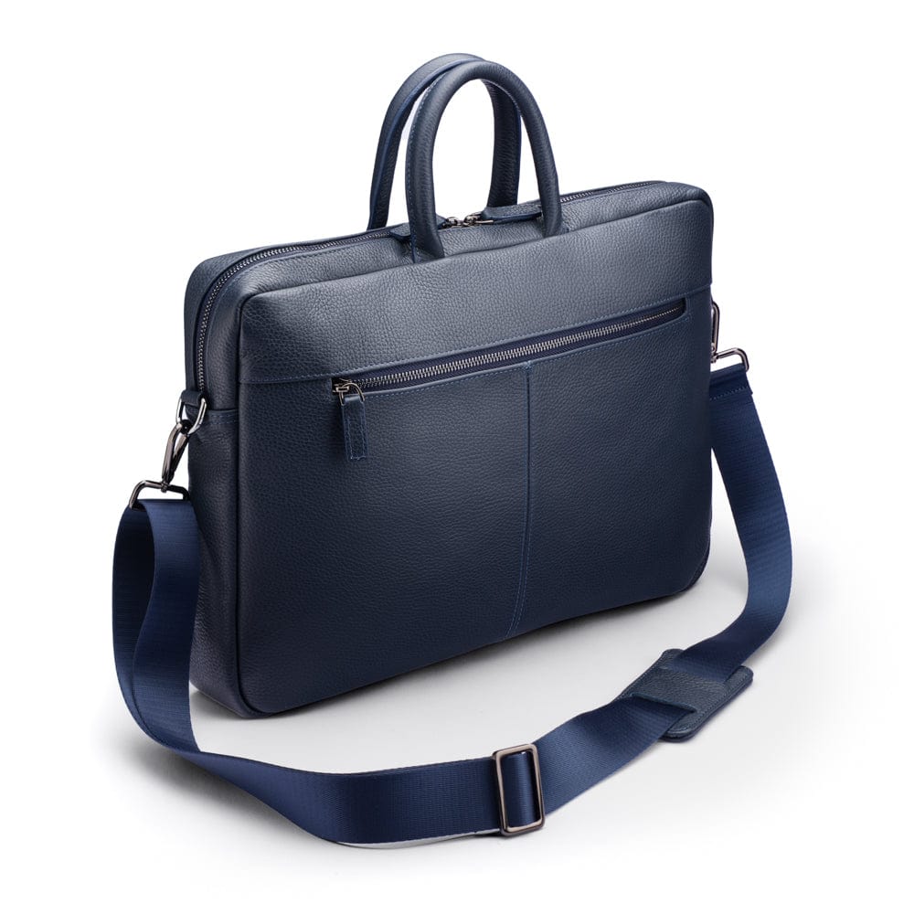 15" slim leather laptop bag, navy, wit strap