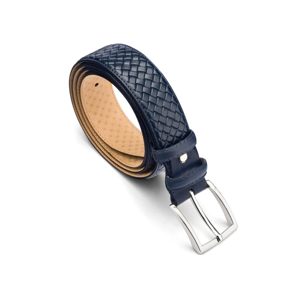 Woven leather belt for men, navy