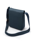 A4 portrait medium leather messenger bag, navy pebble grain, side