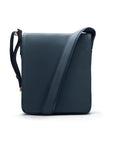 A4 portrait medium leather messenger bag, navy pebble grain, front