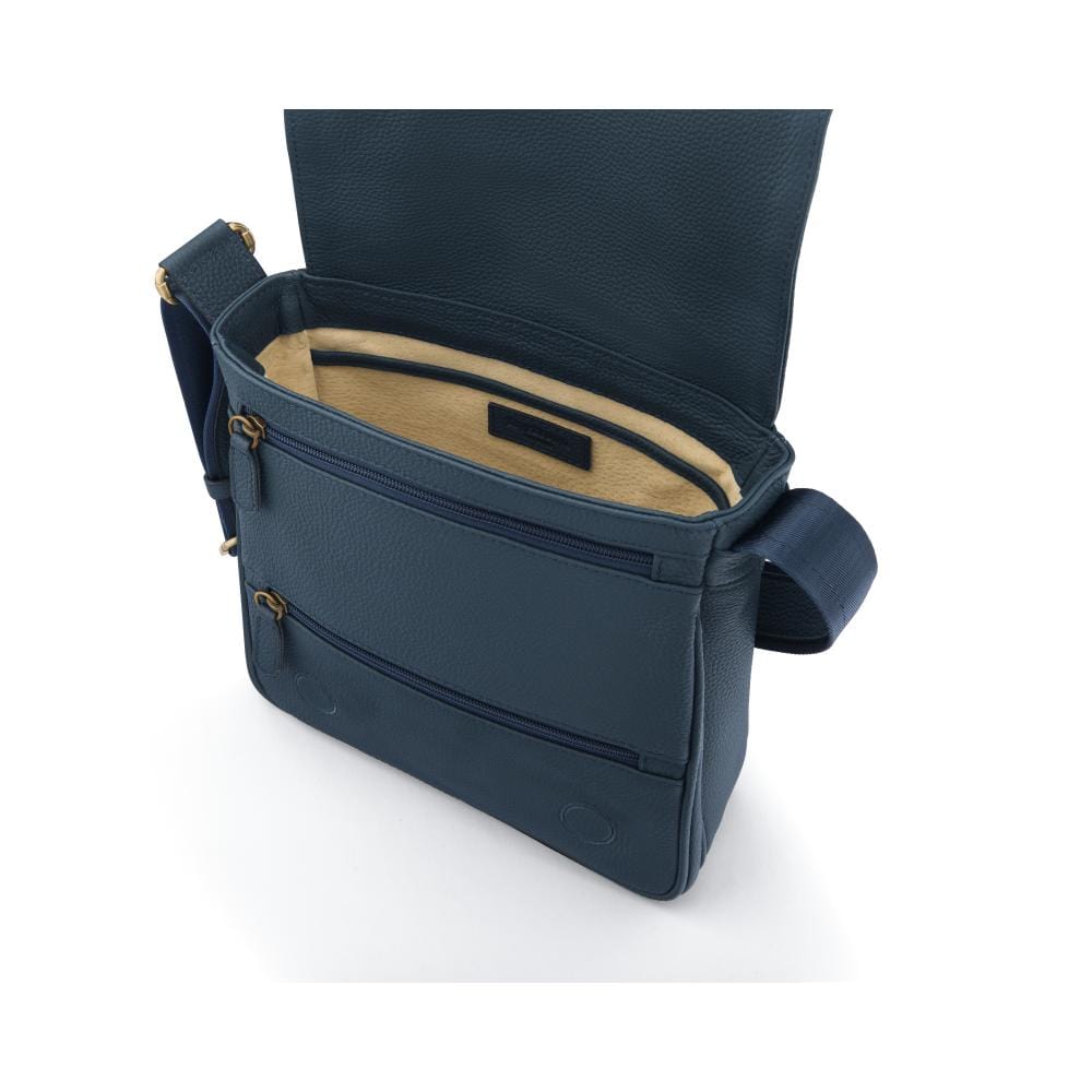 A4 portrait medium leather messenger bag, navy pebble grain, inside