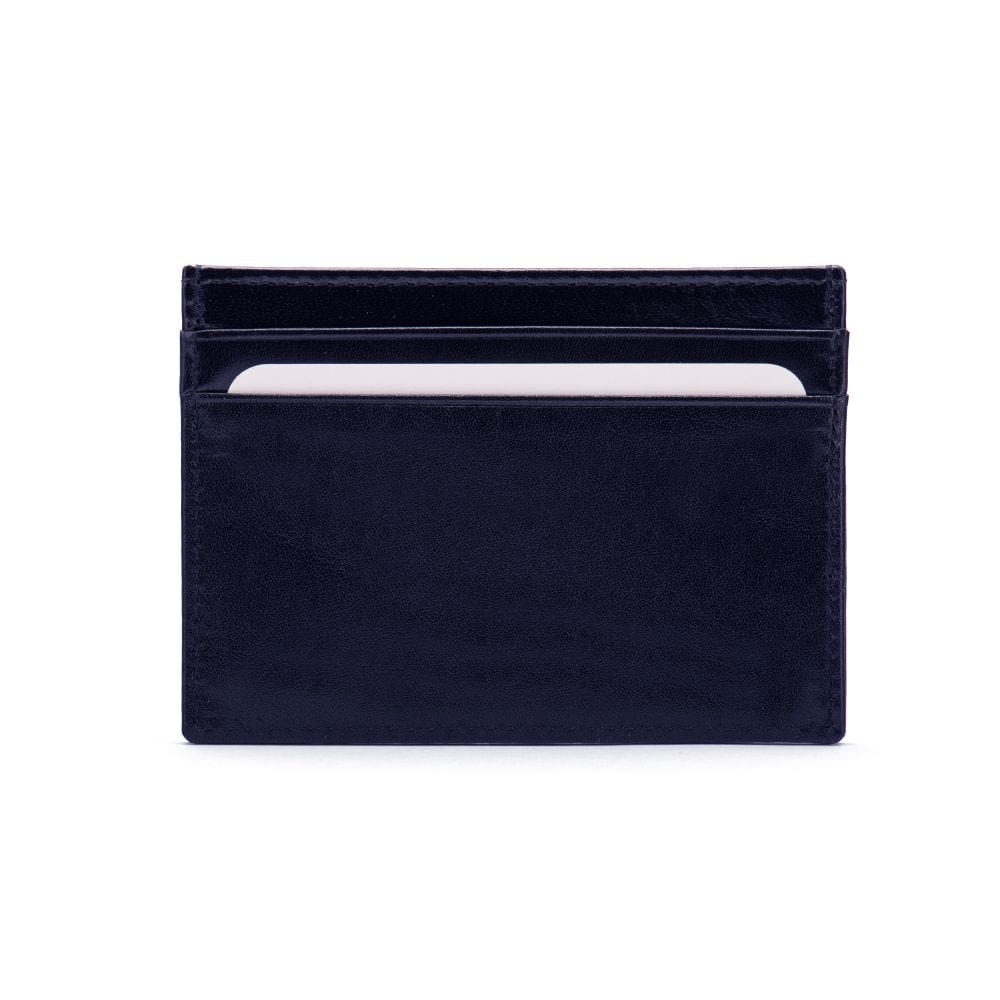Flat leather credit card wallet 4 CC, navy, front