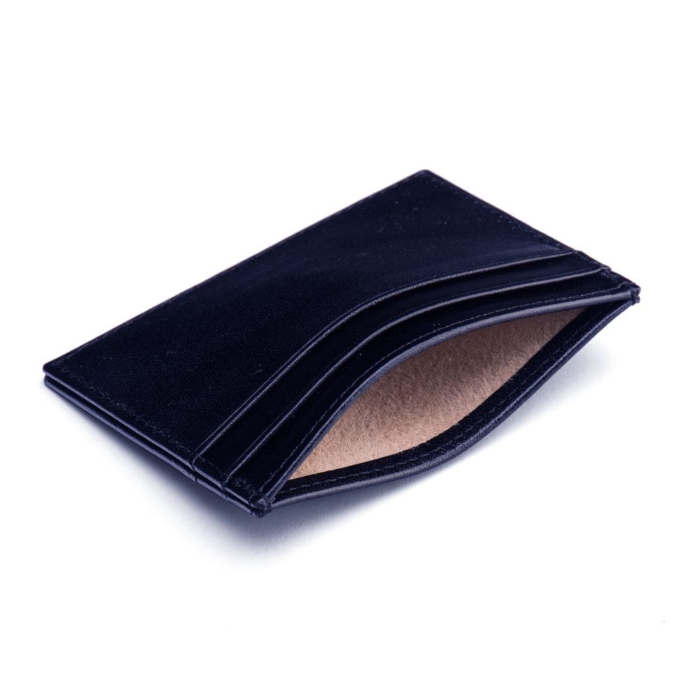 Flat leather credit card wallet 4 CC, navy, inside