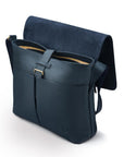 Men's large leather messenger bag, navy pebble grain, open