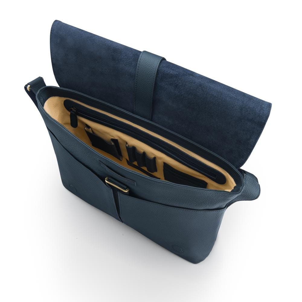 Men's large leather messenger bag, navy pebble grain, inside