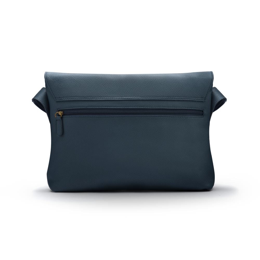 Leather messenger bag, navy pebble grain, back