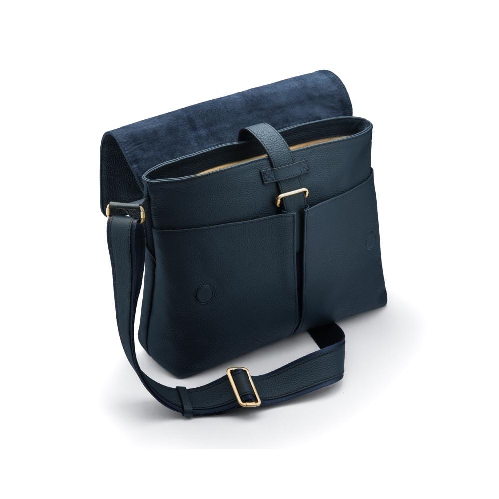 Leather messenger bag, navy pebble grain, open