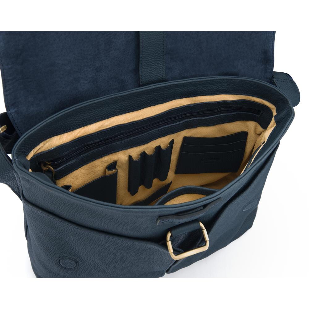 Leather messenger bag, navy pebble grain, inside