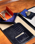 Leather conference folder, navy croc, lifestyle