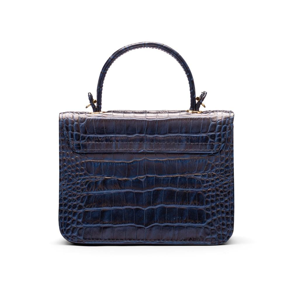 Small leather top handle bag, navy croc, back