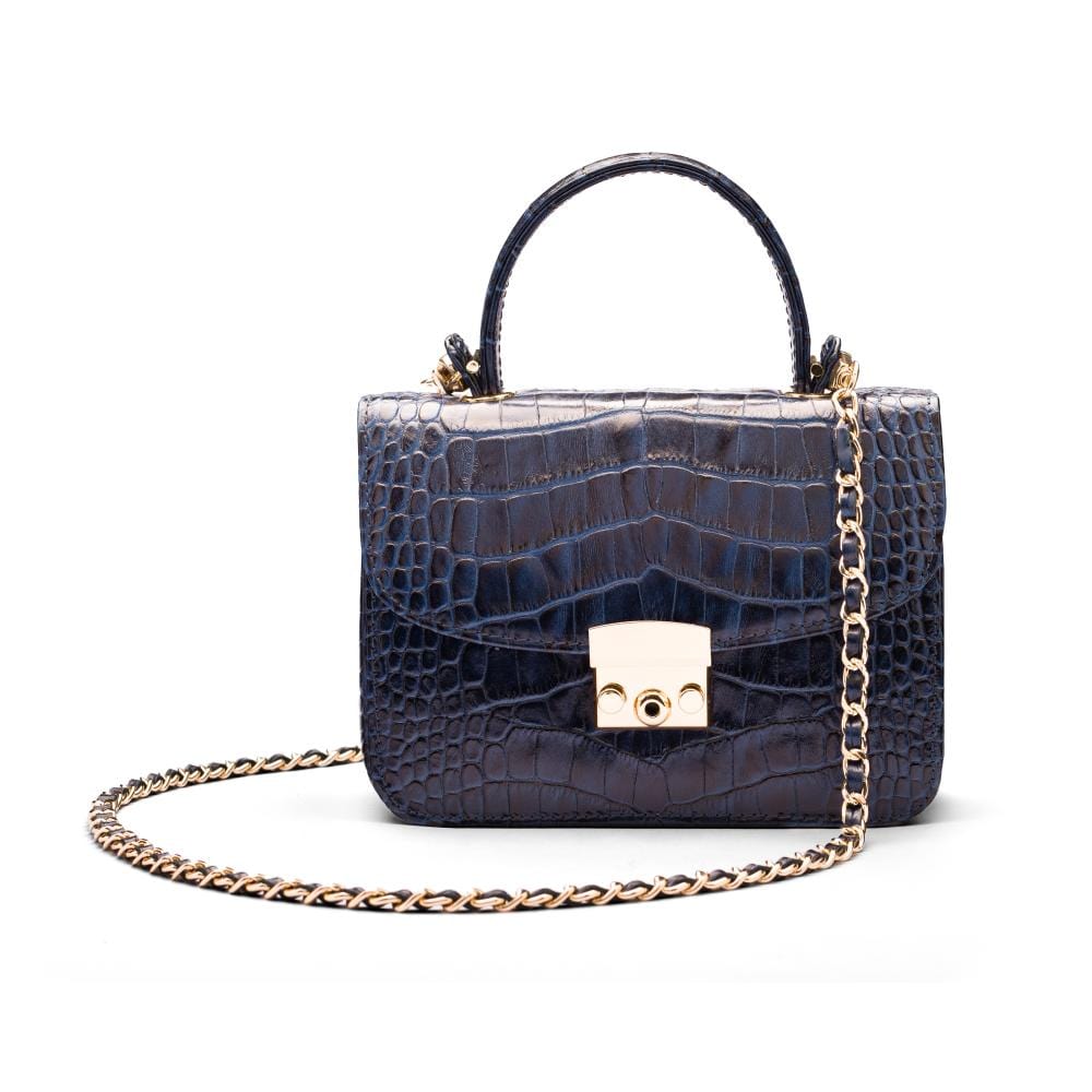 Small leather top handle bag, navy croc, with chain strap