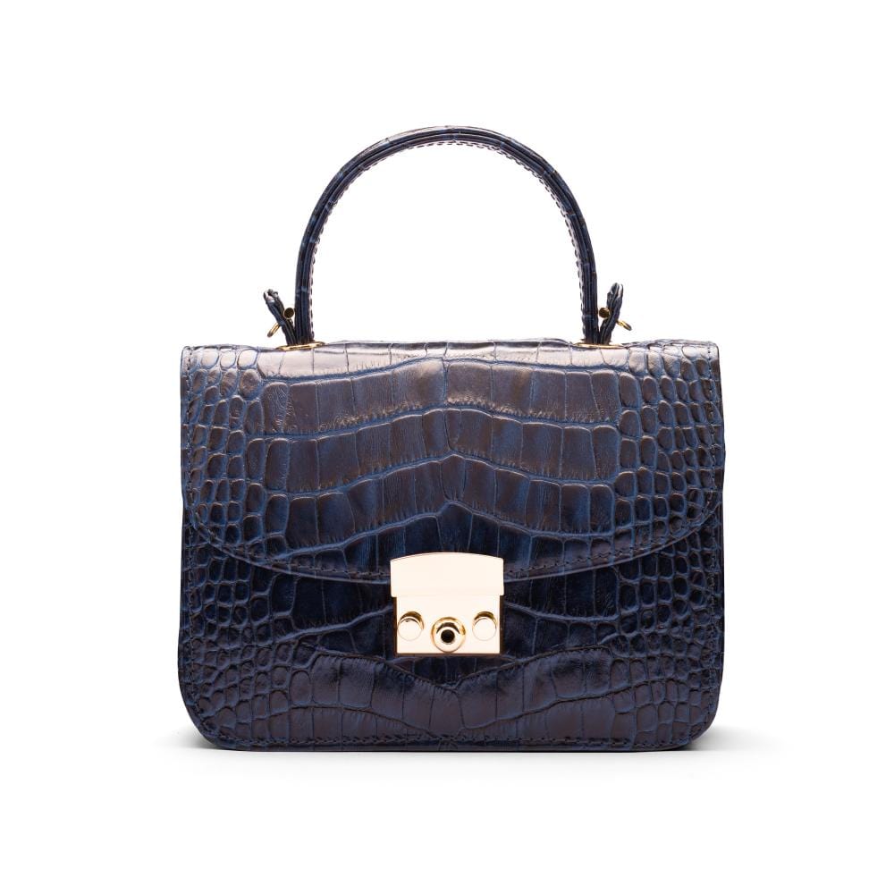 Small leather top handle bag, navy croc, front