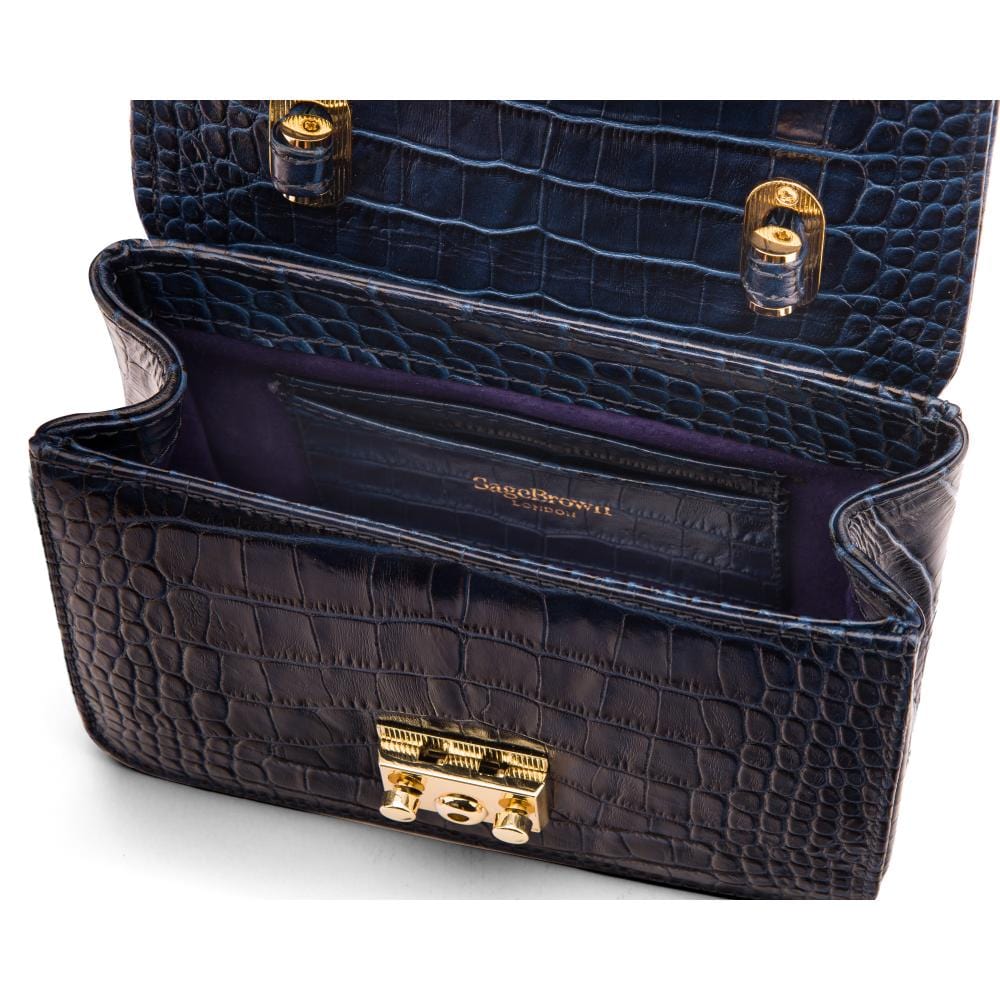 Small leather top handle bag, navy croc, inside