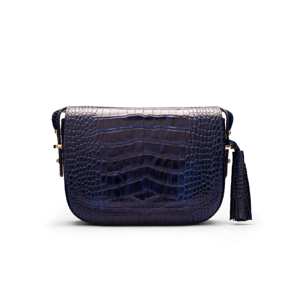 Leather saddle bag, navy croc, front