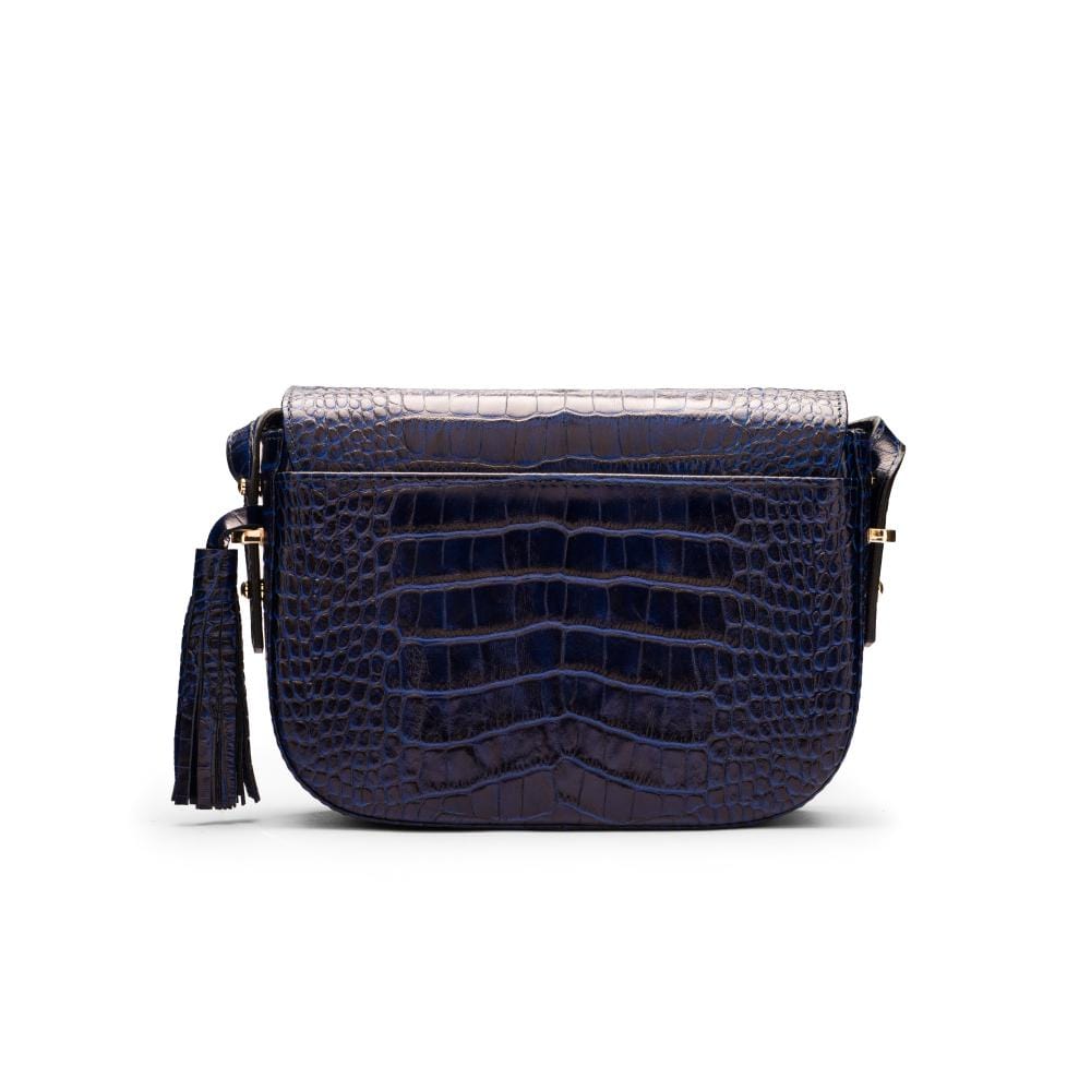 Leather saddle bag, navy croc, back