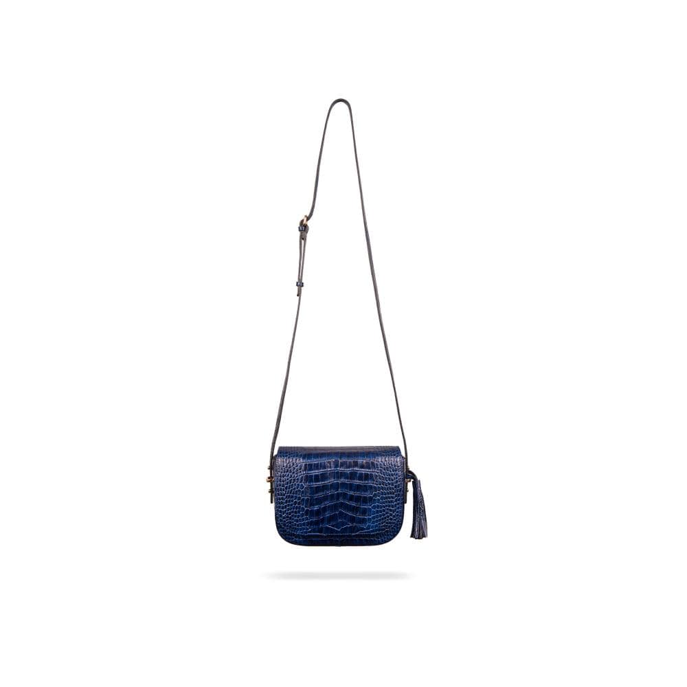 Leather saddle bag, navy croc, with long strap