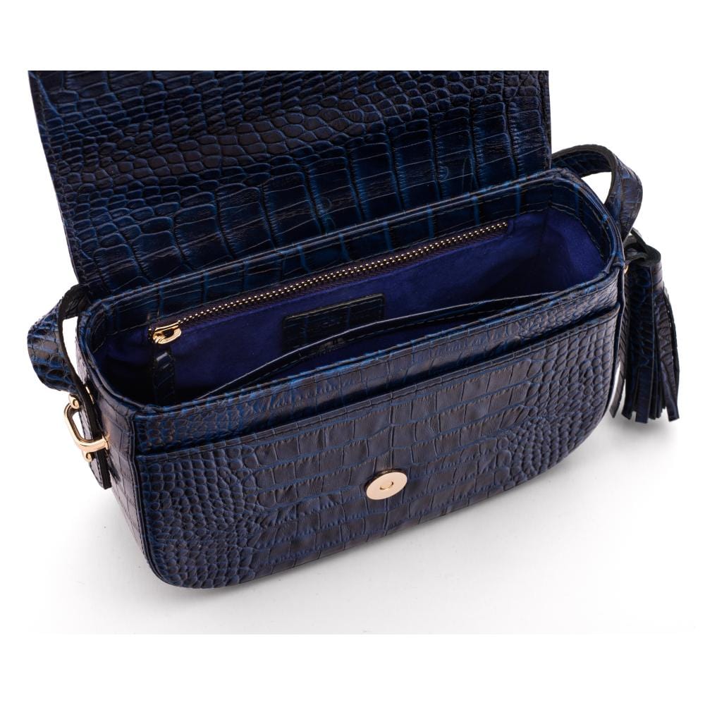 Leather saddle bag, navy croc, inside