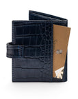 Compact leather RFID billfold wallet with tab, navy croc, back