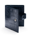 Compact leather RFID billfold wallet with tab, navy croc, with tab closure