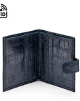 Compact leather RFID billfold wallet with tab, navy croc, open