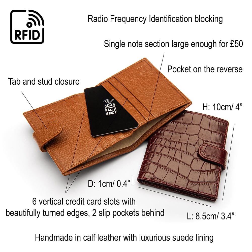 Compact leather RFID billfold wallet with tab, features and dimensions