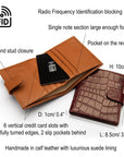 Compact leather RFID billfold wallet with tab, features and dimensions